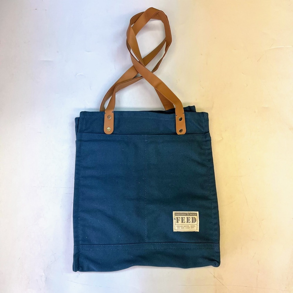 FEED Projects Market Tote Bag Teal Blue Canvas Tan Straps 2‎ Front Pockets